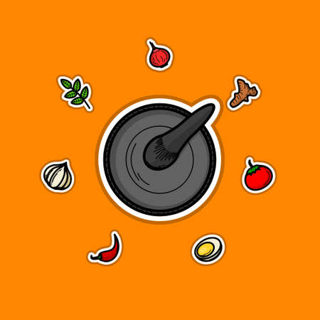 Indonesian Traditional Seasoning for Cooking with Tool for Grinding it Called Cobekのイラスト素材