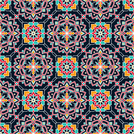 Indian patchwork. Turkish ornament. Moroccan tile mosaic. Ceramic tableware, folk print. Spanish pottery. Ethnic background. Mediterranean seamless  wallpaper.のイラスト素材