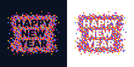Happy New Year greeting card with pixelated text. Vector illustration. Abstract Geometric Happy New Year Greeting Design.のイラスト素材