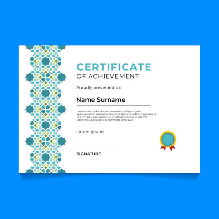 Certificate template with arabic pattern. Diploma design. Islamic Ornament Certificate Template Designのイラスト素材