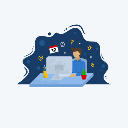 Freelance concept. Freelance man working on computer. Vector illustration in flat style. A Man Work in front of Computer Flat Designのイラスト素材