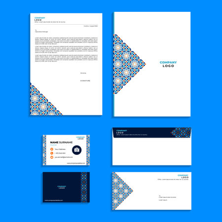 Corporate identity template with abstract ornament. Business stationery set. Abstract Geometric Office Stationery Equipment Set Designのイラスト素材