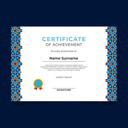 Certificate of achievement template with pixel pattern background. Vector illustration. Abstract Islamic Geometric Certificate Design Templateのイラスト素材