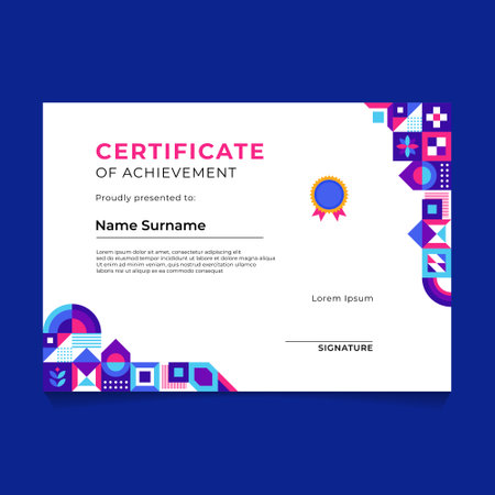 Certificate of achievement template with geometric pattern. Diploma of appreciation, appreciation, graduation. Abstract Geometric Mosaic Certificate Template Designのイラスト素材