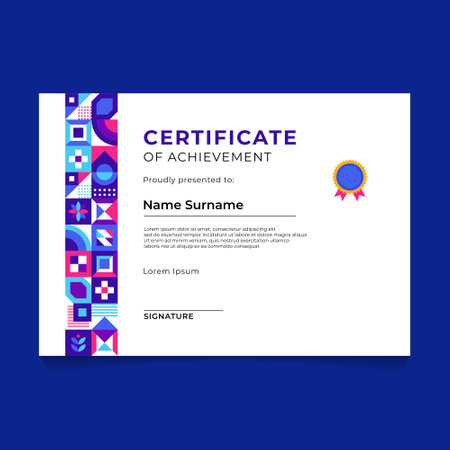 Certificate of achievement template with geometric pattern. Diploma of appreciation. Abstract Geometric Mosaic Certificate Template Designのイラスト素材