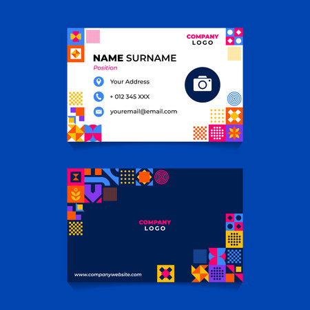 Business card design template with colorful geometric shapes. Modern flat style vector illustration. Abstract Mosaic Geometric Name Card Design for Business or Companyのイラスト素材