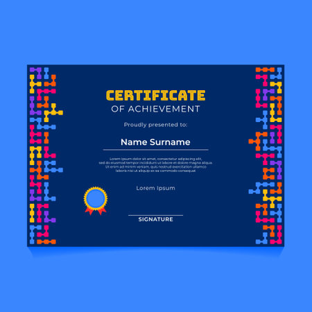Certificate of achievement template. Diploma of appreciation. Vector illustration. Abstract Geometric Certificate Design with Dark Theme and Connected Rounded Square Pattern Frameのイラスト素材