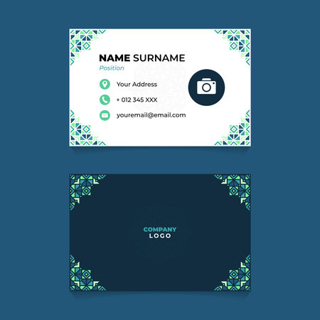 Business card design template in turquoise color. Vector illustration. Islamic Oriental Name Card Design with Corner Ornament on Turquoise Themeのイラスト素材