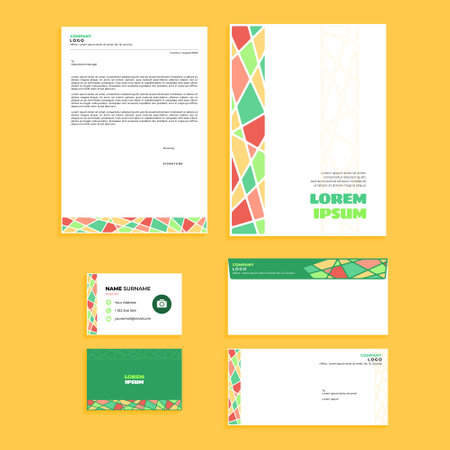 Corporate identity template with colorful geometric pattern. Business stationery set. Abstract Geometric Rounded Office Stationery Equipment Set Designのイラスト素材