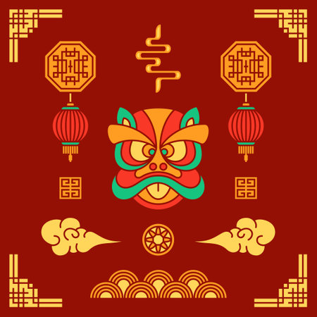 Chinese new year greeting card design with traditional elements. Vector illustration. Set of Chinese New Year Element on Flat Designのイラスト素材