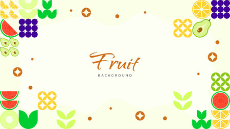 Fruit background with watermelon, grape, orange, lemon, kiwi, grapefruit, watermelon, pineapple, melon. Tropical Fruit Flat Design Set Bundling with Abstract Compositionのイラスト素材