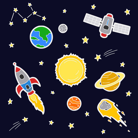Set of space elements in flat style. Vector illustration. Space theme. Cosmic Adventures A Stellar Collection of Space Themed Stickersのイラスト素材