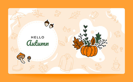 Hello autumn card with hand drawn doodle elements. Vector illustration. Hello Autumn Doodle Banner with Pumpkin and Seasonal Elements for Landing Page or Websiteのイラスト素材