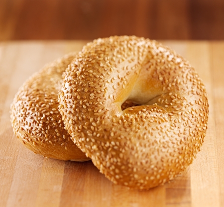 bagel on wooden board.の写真素材