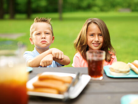 brother and sister making fun a cookout picnicの写真素材