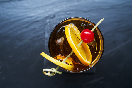 top down photo of a old fashioned classic cocktailの写真素材