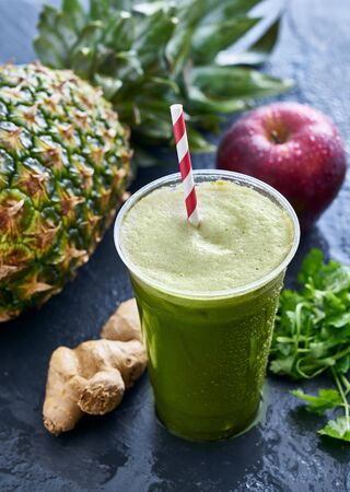 matcha green tea smoothie with ginger and pineappleの写真素材