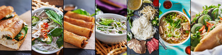 Vietnamese food collage with beef pho and bahn mi