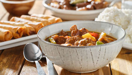 filipino beef kaldereta in bowlの写真素材