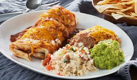 mexican wet burrtio platter with red enchilada sauce, refried beans, rice and gaucamole