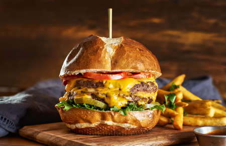double cheeseburger with american cheese and fries on pretzel  bunの写真素材