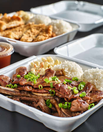 hawaiian bbq in take out container with mix of barbecue meatsの写真素材