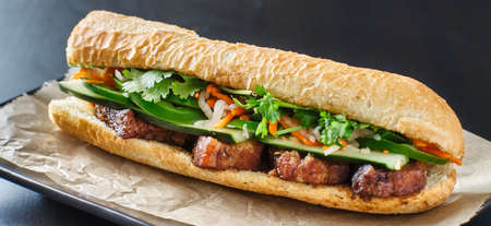 vietnamese bahn mi sandwich with pork bellyの写真素材