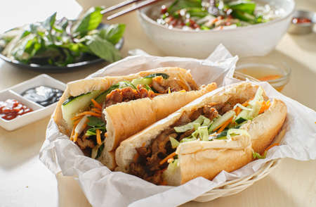 vietnamese bahn mi sandwich with pork bellyの写真素材