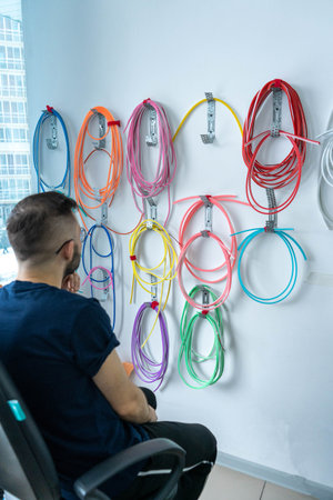 technology background cable wire plastic industrial equipment connection blue colorful yellow green closeup cord line elの写真素材