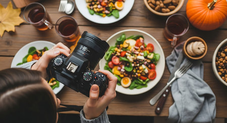 cropped shot of woman holding digital camera and taking photo of healthy foodの素材