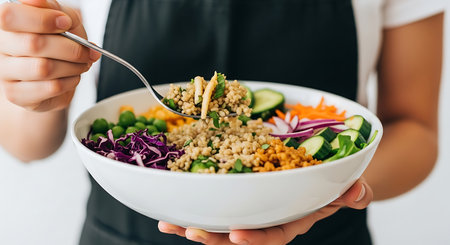 Close up of a woman's hands holding a bowl of quinoa salad.の素材