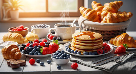 Breakfast served with coffee, croissants and fruits on tableの素材