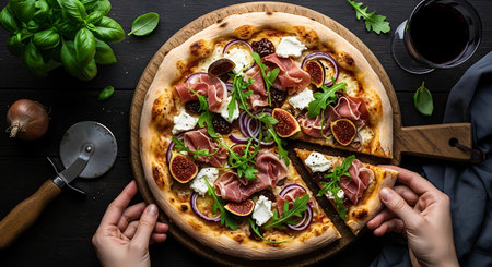 Pizza with prosciutto, mozzarella cheese, figs and arugula on a black wooden backgroundの素材