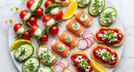 Variety of canapes and appetizersle background, top viewの素材