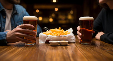 Close-up of two glasses with beer and french fries on wooden tableの素材