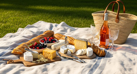 Picnic in the park on a sunny summer day with cheese, berries, bread and wineの素材