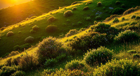 Sunset in the mountains with green grass and flowers. Beautiful summer landscape.の素材