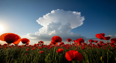 poppy field with blue sky and white clouds in the background.の素材