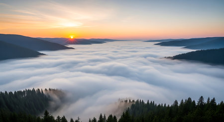 Foggy morning in the Carpathian mountains, Ukraine.の素材