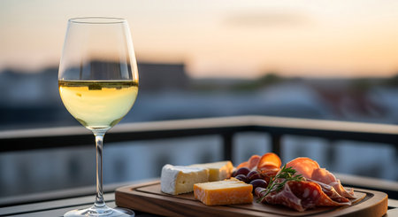 Glass of white wine with appetizers on the terrace at sunsetの素材