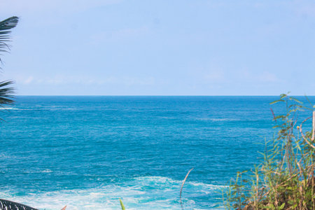 A tropical seaside view features the vibrant blue ocean and horizon framed by lush green foliage and a hint of a palm frond in the top left, under a bright sky.の写真素材