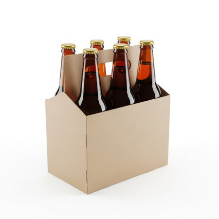 Six pack of amber bottled beer in cardboard carrierの素材