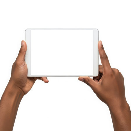 Hands holding a blank tablet deviceの素材