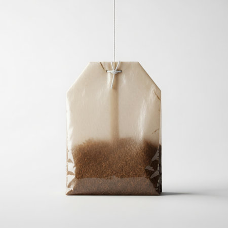 Single tea bag hanging against white backgroundの素材