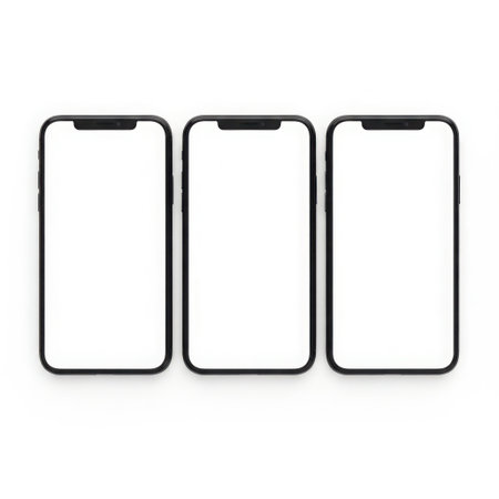 Three empty smartphone frames in a rowの素材