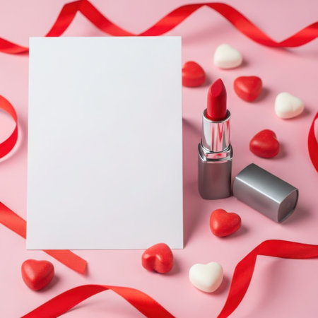 Blank greeting card with red lipstick and heartsの素材