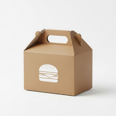 Brown cardboard takeout box with hamburger illustrationの素材
