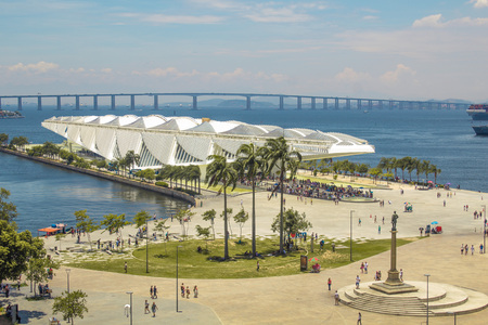 Rio de Janeiro, Brazil - January 02, 2019: View of the Museum of Tomorrow (also known as the Museum of Tomorrow), from the River Musuem of Art (MAR) viewpoint.のeditorial素材