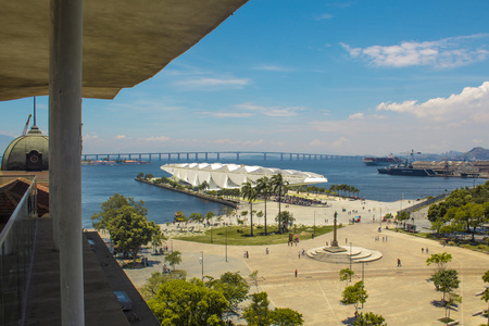 Rio de Janeiro, Brazil - January 02, 2019: View of the Museum of Tomorrow (also known as the Museum of Tomorrow), from the River Musuem of Art (MAR) viewpoint.のeditorial素材