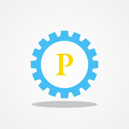 Gear initial letter P uppercase logo design template gold blueのイラスト素材